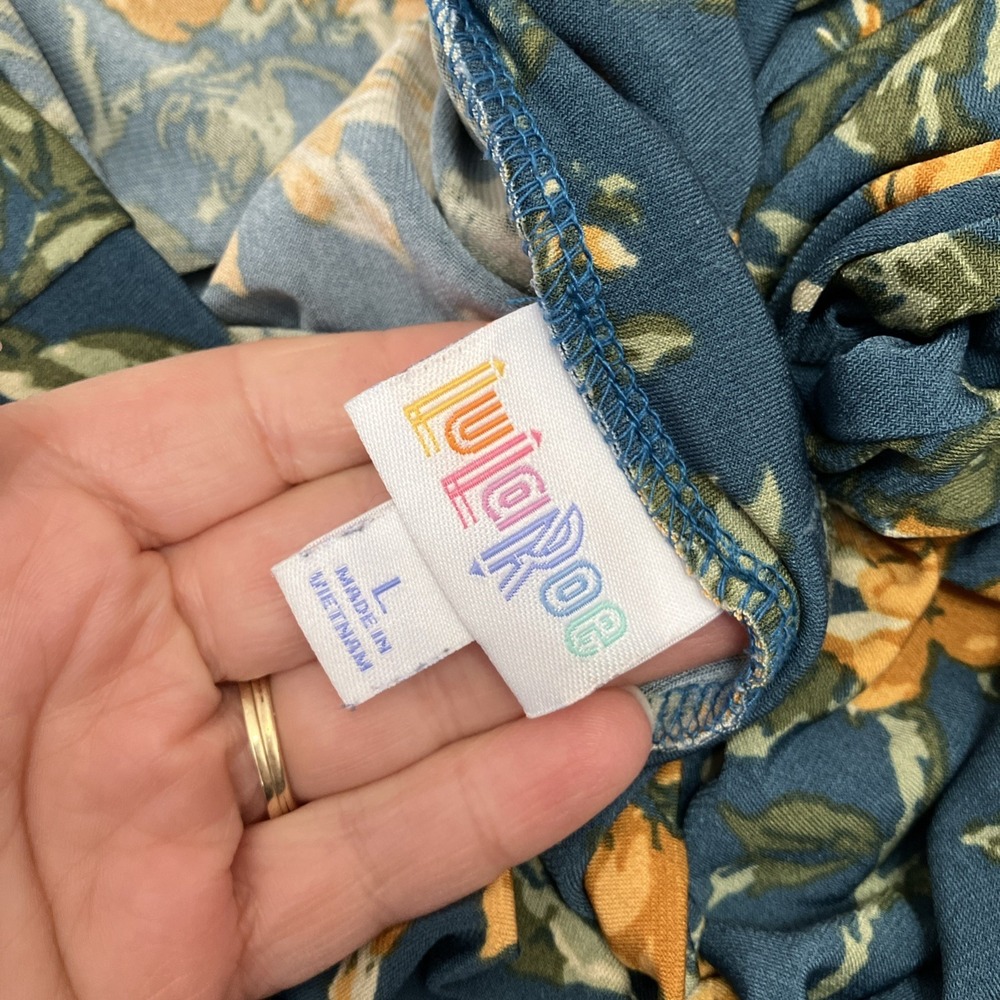 LuLaRoe Teal Gold floral print A-Line Azure skirt large Yoga waist band pull on - Picture 4 of 4